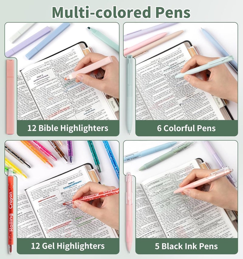 Pidada 59Pcs Bible Study Supplies, Bible Journaling Kit for Women, Pencil Case, 12 Pastel No Bleed Highlighters and 6 Colored Pens, Bible Tabs and More, Bible Study Tools, Book Annotation Kit for Women & Men - Image 4